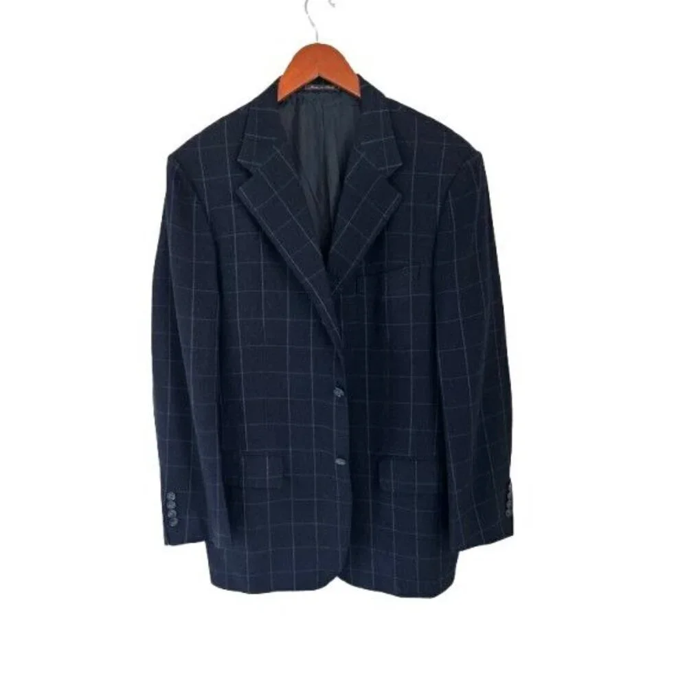 Corneliani Blazer Made in Italy Wool Cashmere in Navy Blue Tartan Lined- 52R